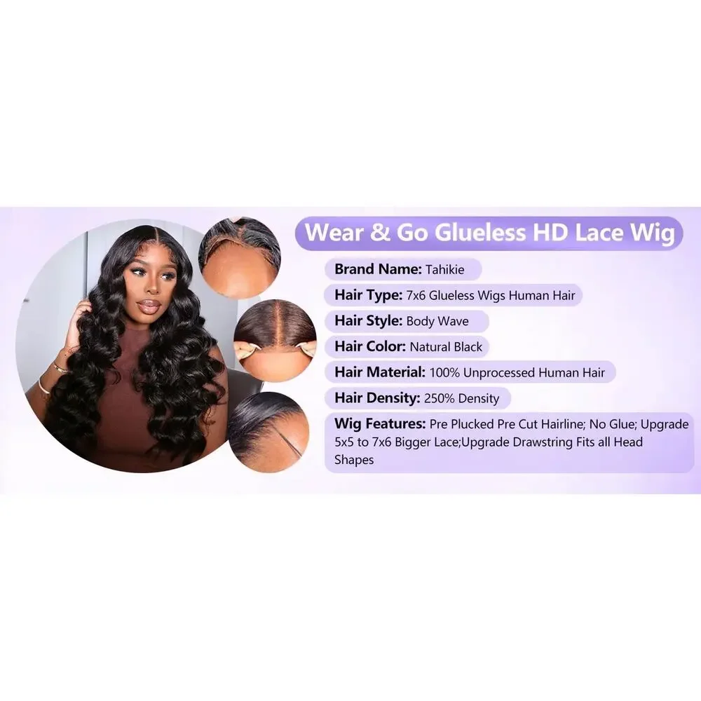 Tahikie 7x6 HD Lace Glueless Human Hair Wig Body Wave 250% Density